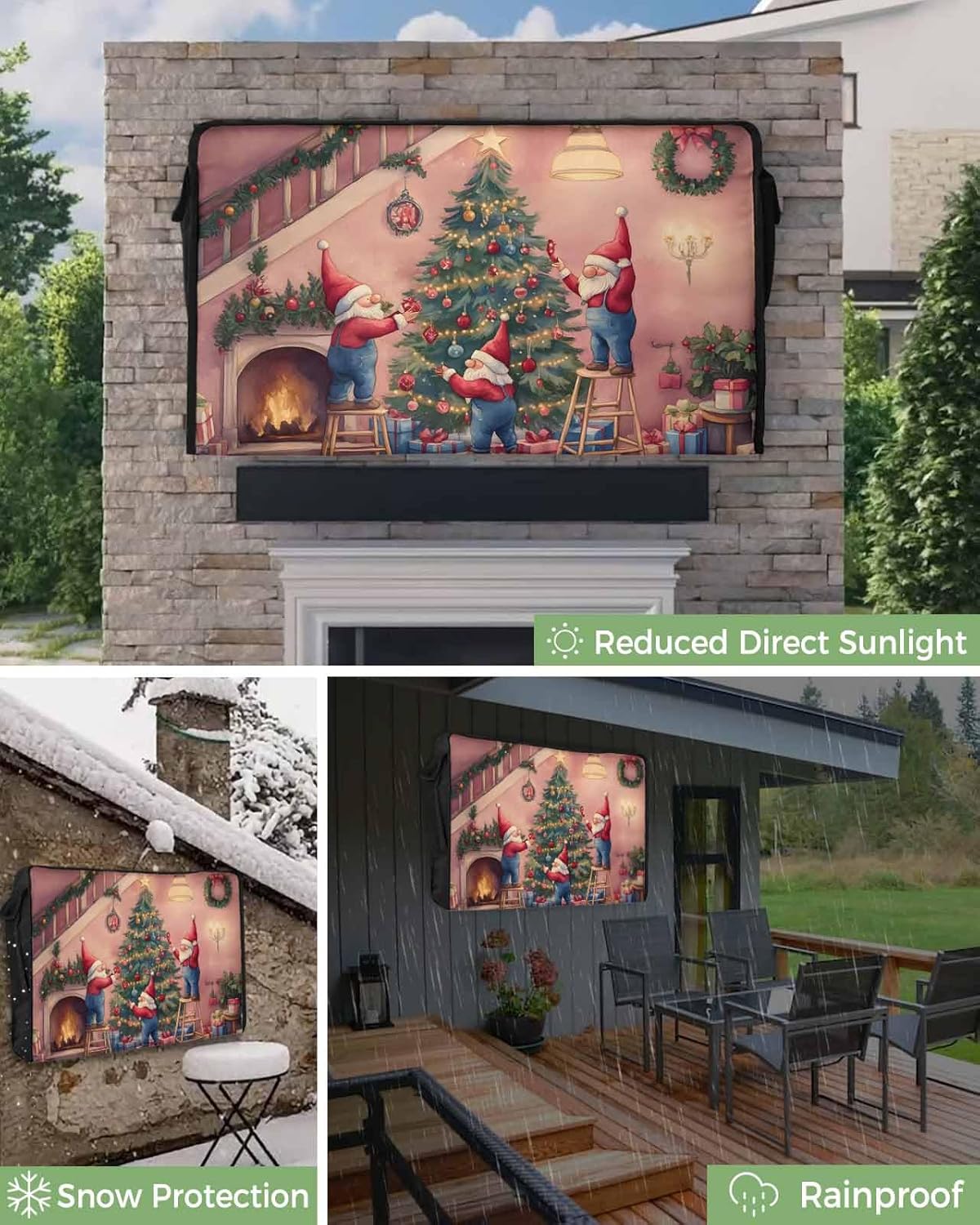 Christmas Gnomes Outdoor TV Cover 70"-75" - 600D Waterproof TV Cover Weatherproof TV Screen Protector Dustproof Winter Xmas Tree Balls Pink TV Display Protector for Outside Flat Screen TV