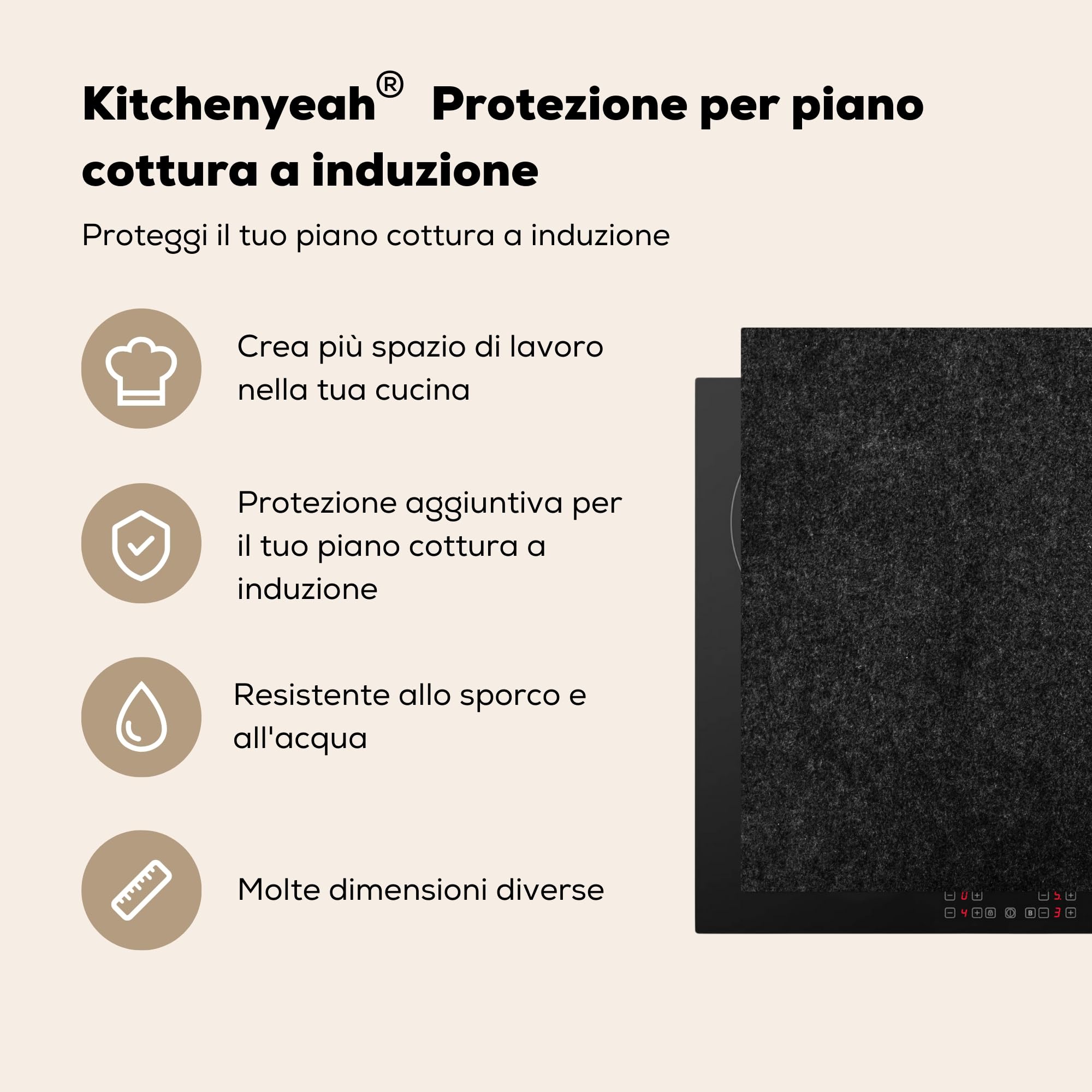 KitchenYeah© Coperchio Piano Cottura 59x52 cm Cucina Copri Fornelli Tappetino Induzione Antiscivolo Piastra Protezione Nero - Granito - Design - Pietra