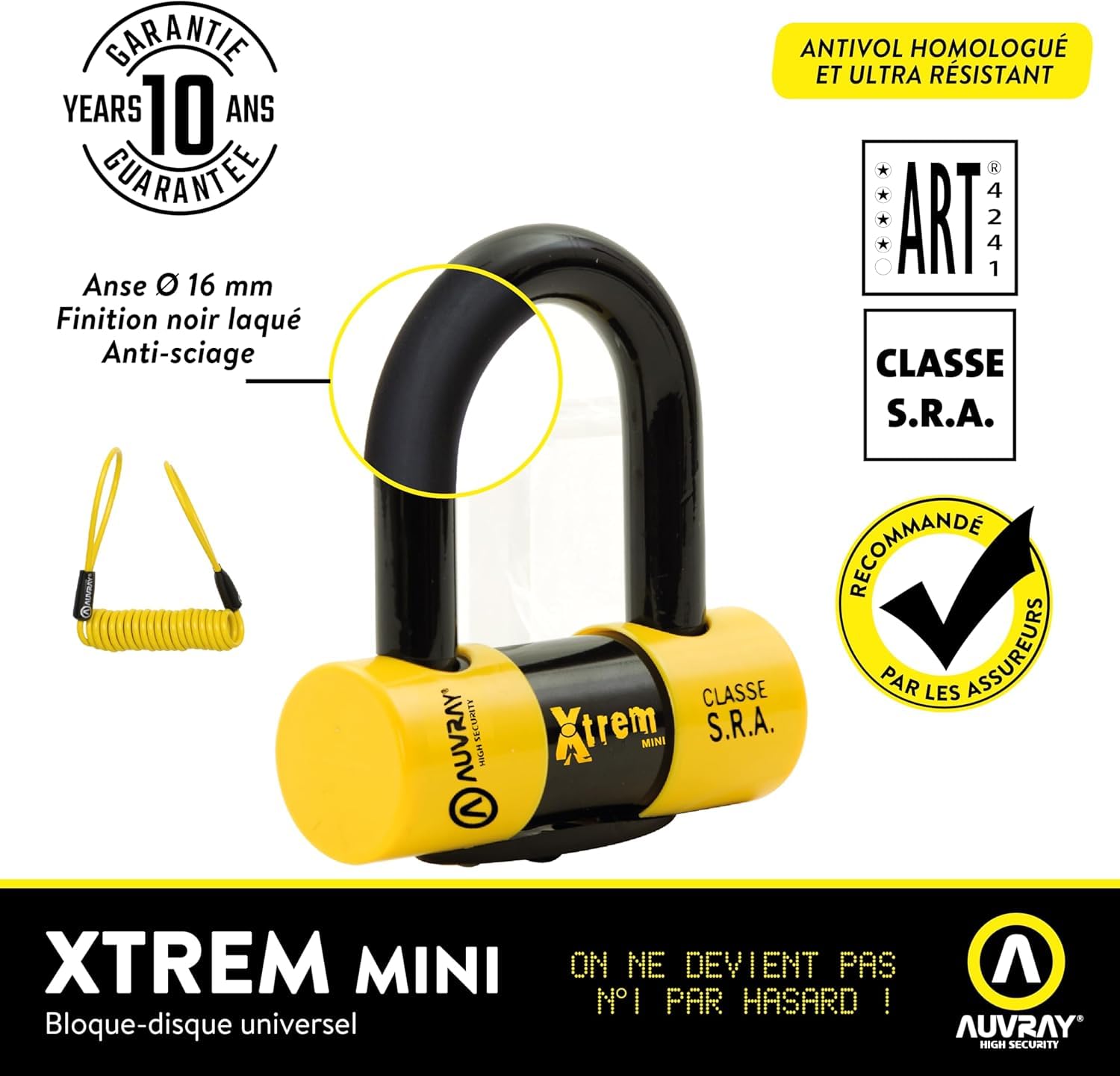 AUVRAY - Antivol moto bloque disque MINI U - BLOCK DISC XTREM MINI - Haute sécurité - Cordon de rappel-Certifié SRA et ART-Recommandé par les assurances-Résistance maximale-Double système verrouillage