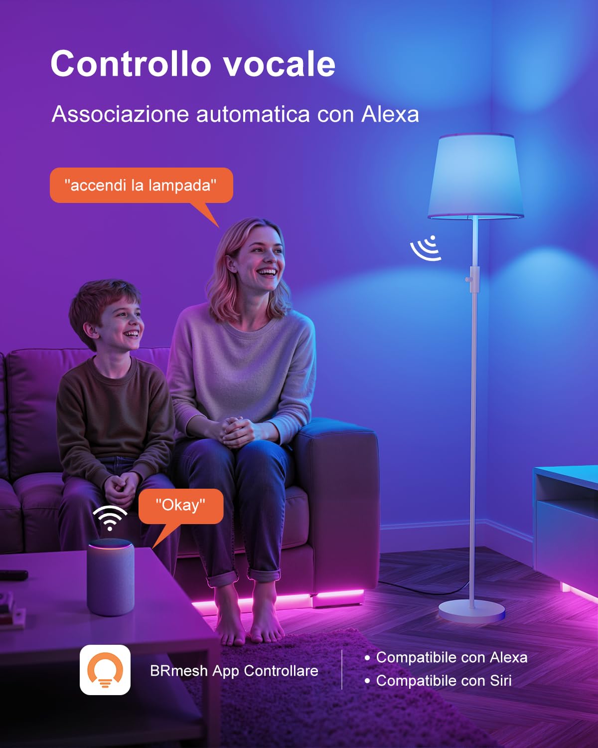 DUSKTEC Lampada da Terra Smart RGB - Piantana con Paralume in Tessuto Dimmerabile, Bianco Caldo e Freddo, Lampada a Stelo Moderna per Soggiorno e Camera da Letto, Compatibile con Alexa e Google Home