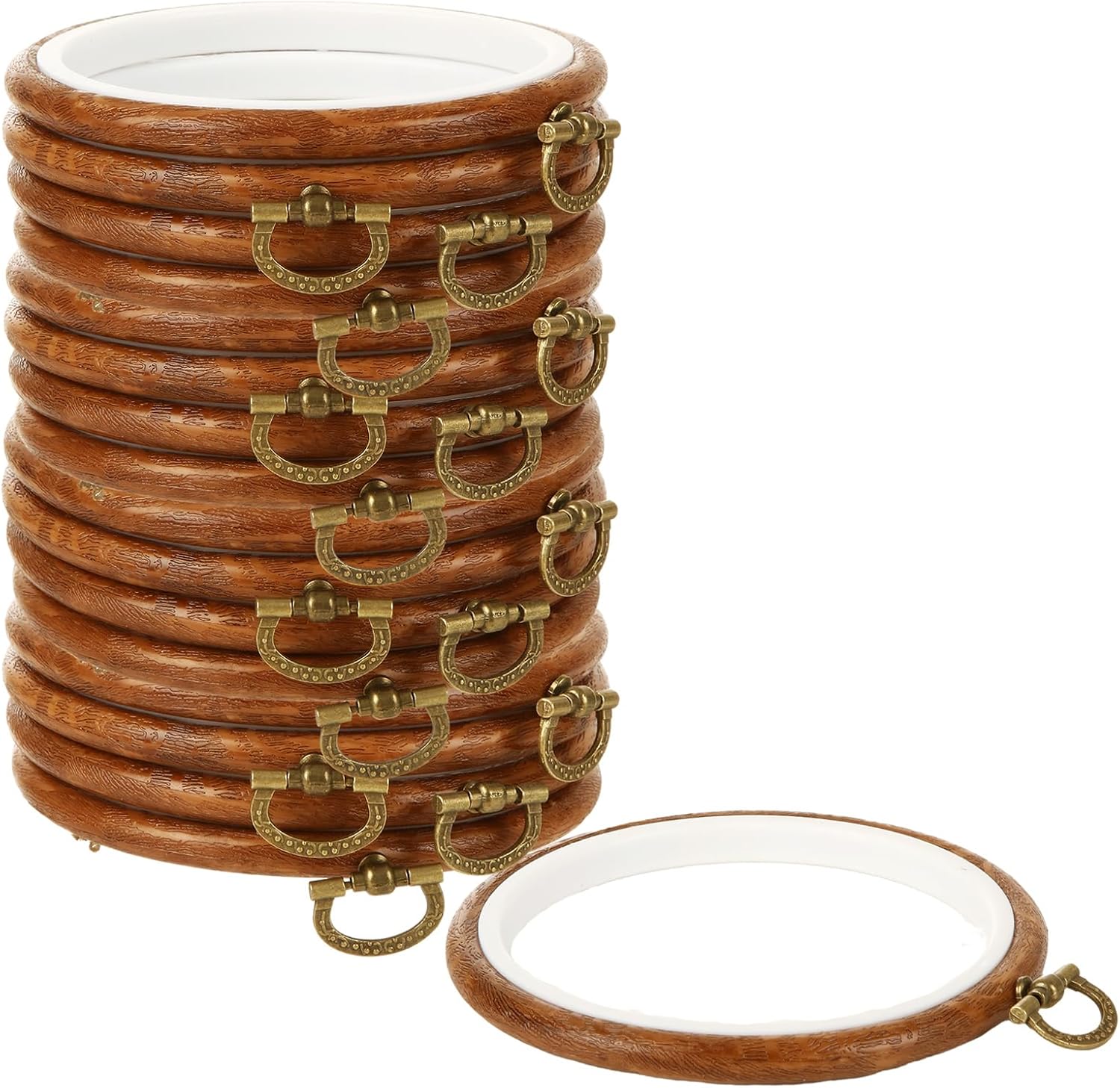 LOYORTY 15PCS 4 Inch Embroidery Hoop Imitation Wood Cross Stitch Hoop Round Rubber Embroidery Frame for Art Craft Sewing Ornaments Hanging Decoration