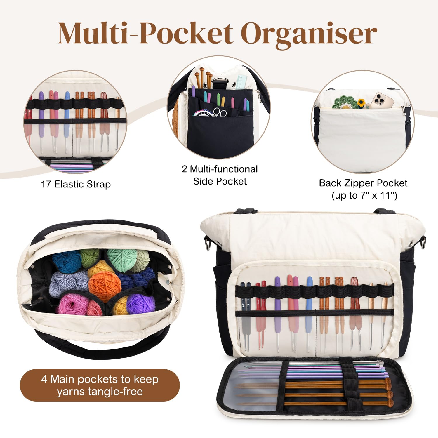 DALINDA Crochet Bag Organizer,Yarn Bag and Tote- Yarn Storage with Multiple Pockets for Crochet Supplies, Knitting Bag for Gifts,Portable & Durable(Brown)