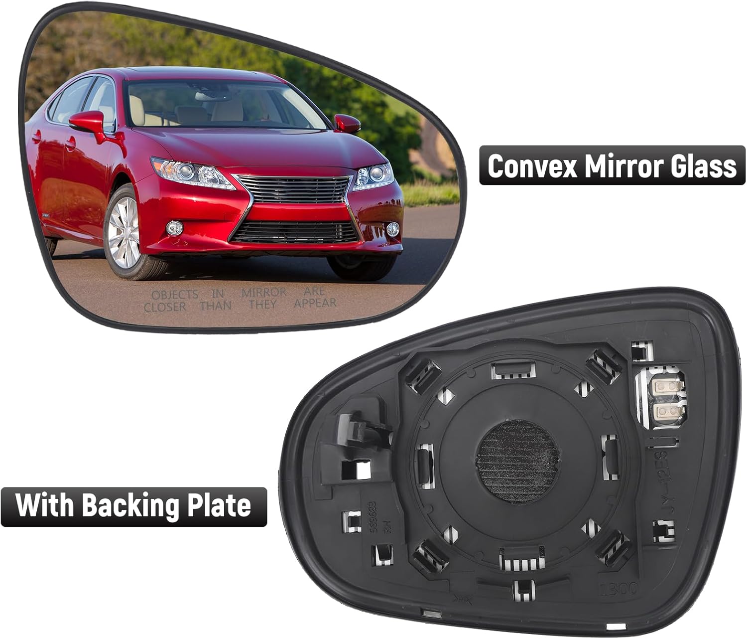Passenger Side Heated Mirror Glass for 2013-2017 ES350 ES300h GS350 GS450h, 2011-2017 CT200h, 2013-2016 LS460 LS600h, 2015-2018 RC350 RC F, Convex Right Mirror Glass With Backing Plate