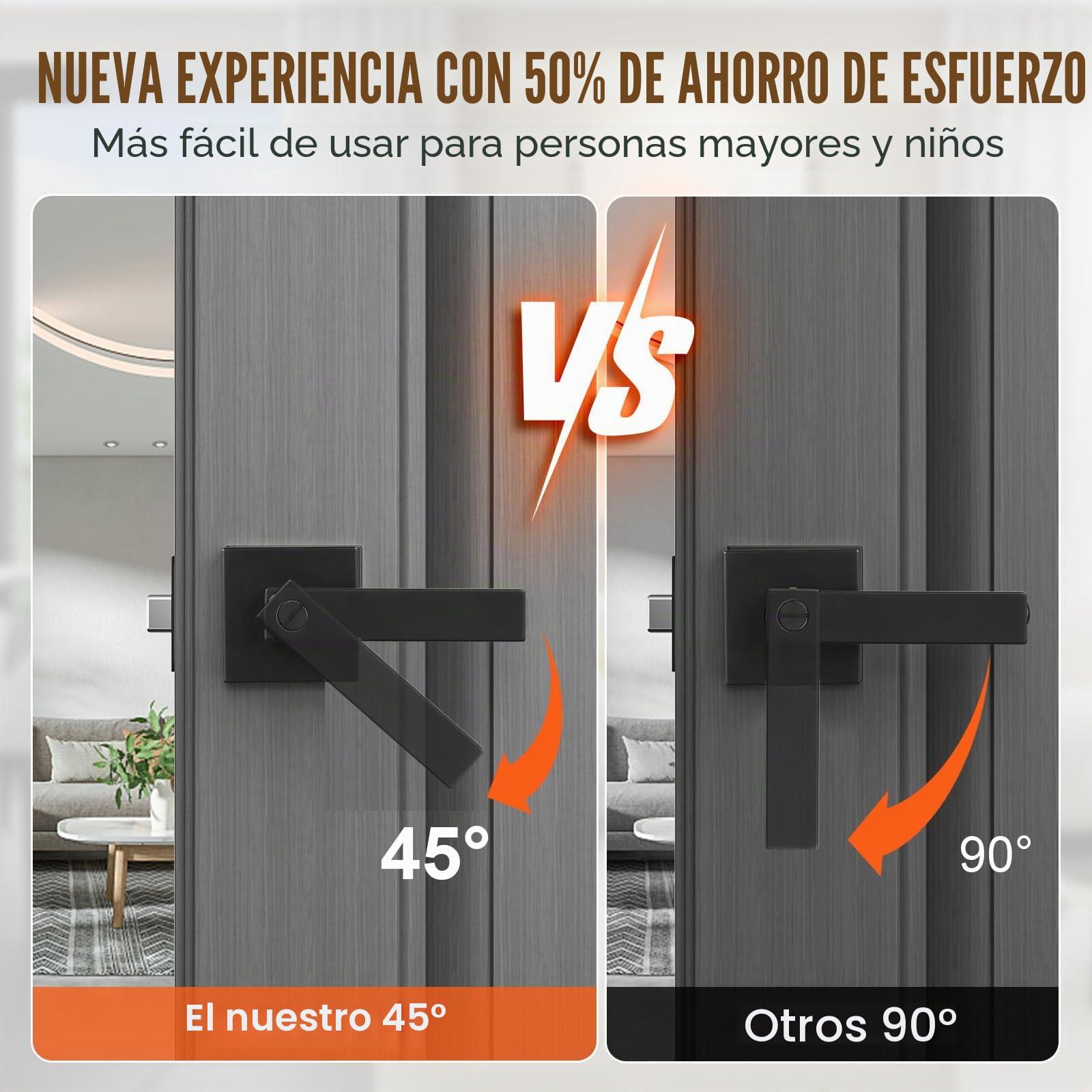 VEVOR 5 PCS Manija de Puerta de Privacidad, Manija Reversible para Zurdos o Diestros con Cerradura sin Llave, Rotación de 45° para Abrir, Interior Cuadrado Universal para Puertas de Baño, Negra Mate