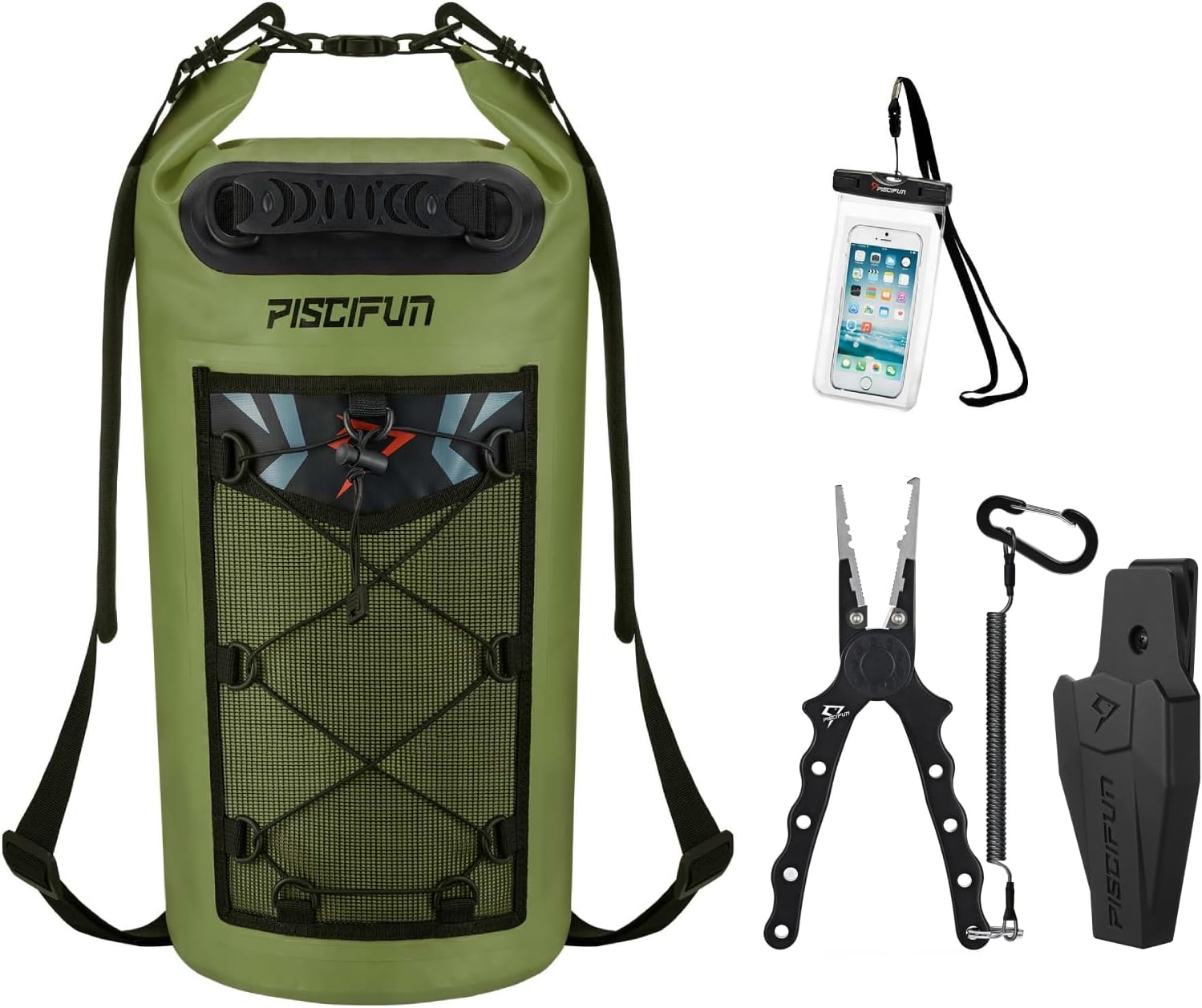 Piscifun Fishing Pliers with Split Ring, Braid Cutters, Rubber Sheath and Lanyard, Black and Piscifun Dry Bag, Waterproof Floating bag 10L Green