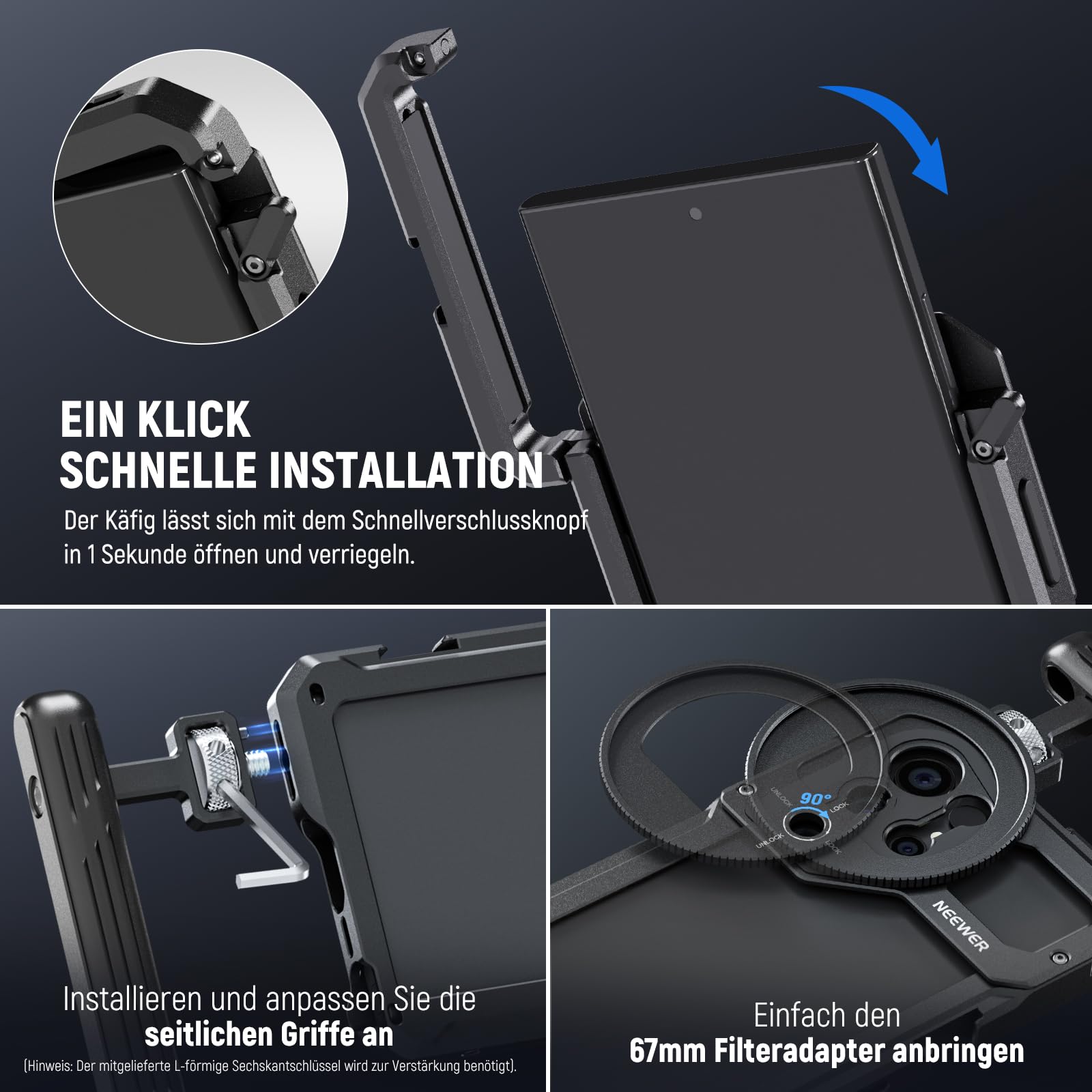 NEEWER S23 Ultra Phone Käfig Cage Video Rig Kit kompatibel mit Samsung S23 Ultra mit Zwei seitlichen Griffen, 67mm Objektivfilter Gewindeadapter, Ganzmetall Handy Stabilisator für Filmen, PA021