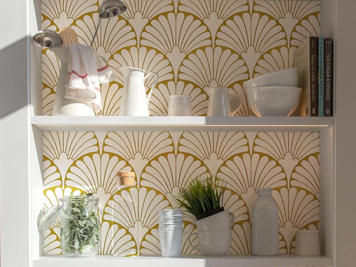 MelunMer Gold Peel and Stick Wallpaper Boho Gold Contact Paper for Cabinets Self Adhesive Removable Wallpaper for Bedroom/Bathroom Modern Contact Paper Leaf Ginkgo Biloba 78.8 in L 17.3In W