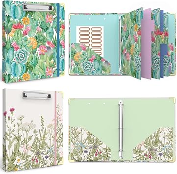 3 Ring Binder 1 Inch, Cute Round Ring Binders with 6 Tab Dividers, Labels Stickers, Low Profile Clipboard with StorageCactus Flowers, and 1 Binder, Cute Decorative HardcoverGarden Flowers