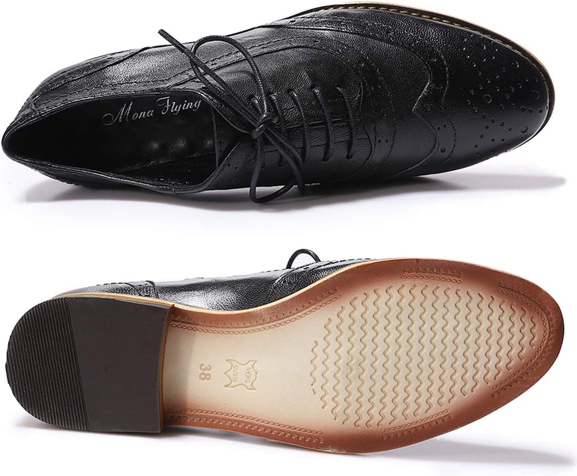 Mona flying Womens Leather Wingtip Oxfords Brogue Shoes Lace-up Flats