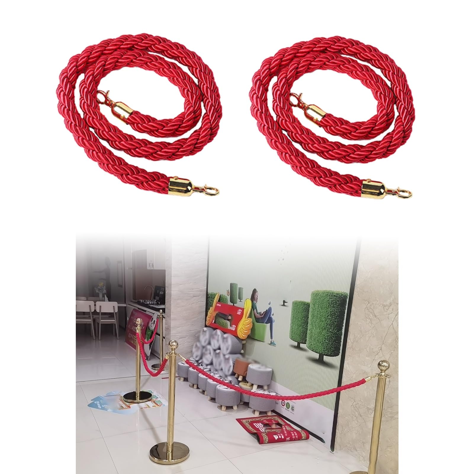 GDMDPTE Heavy-Duty Red Braided Rope for Stanchions 5/8/10mm Hemp Ropes for Events Perfect for Red Carpet Cinema Grand Openings - 1.4m (4.6ft) with Hook Included