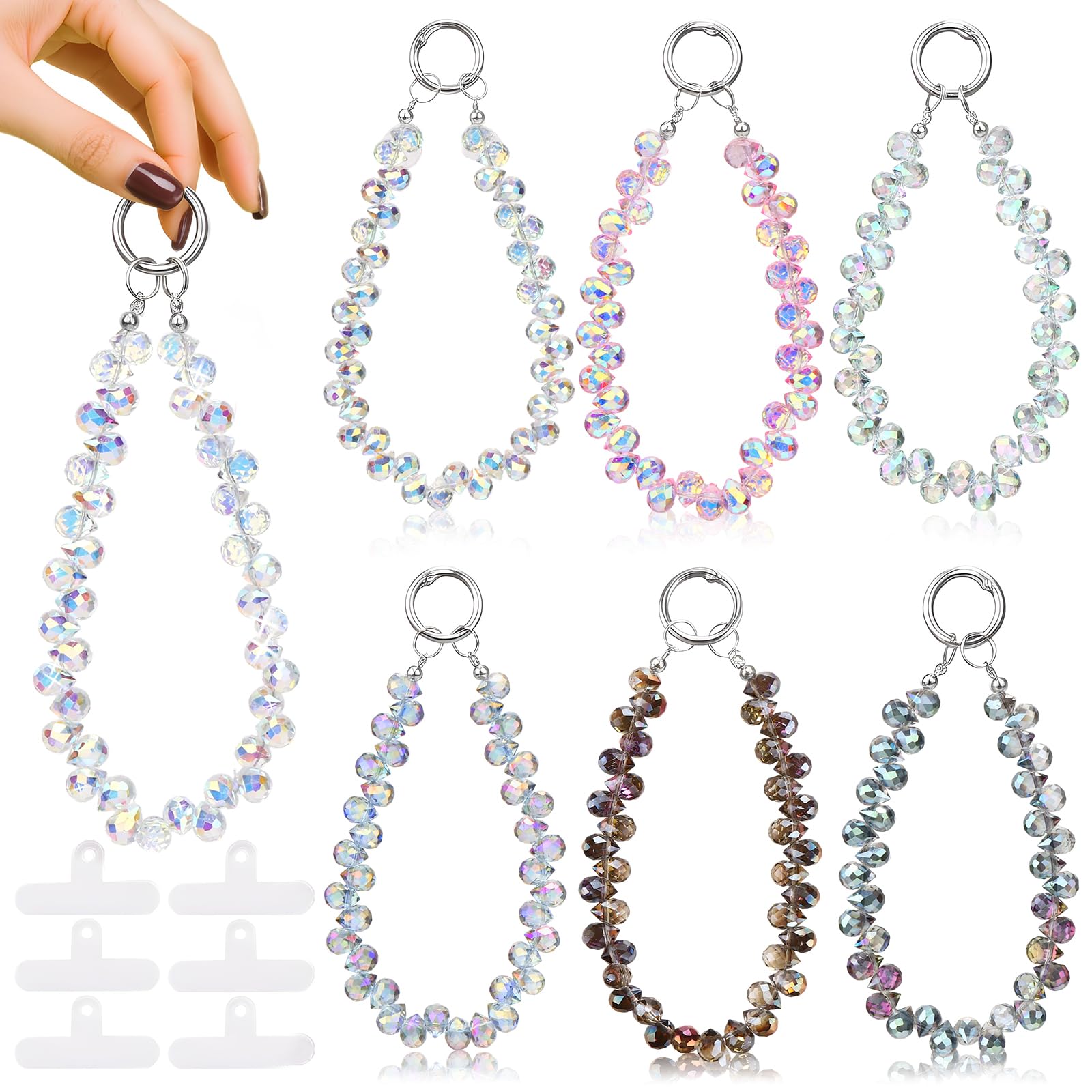 CXMKFEF 6 Pcs Crystal Phone Charm Strap Sparkling Beaded Phone Wristlet with 6 Pads Beaded Camera Wrist Strap Lanyard Bling Sparkling Hand Wrist Bags Accessories for for Girl Women
