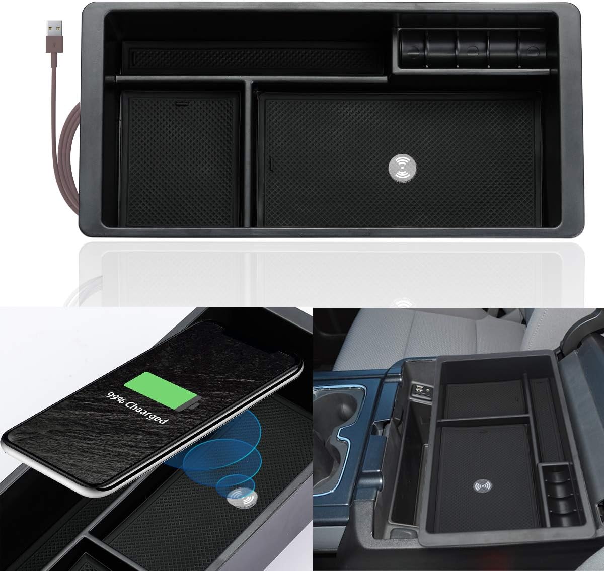 ROCCS Wireless Charger Center Console Insert Organizer Tray for GMC Sierra Yukon Silverado Tahoe Suburban 2014-2018 Armrest Storage Box Compartment