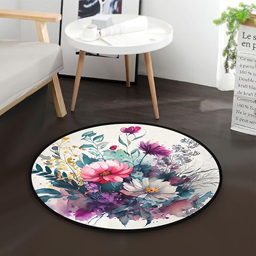 Miniatura 2 de Vnurnrn Alfombra redonda (flores), antideslizante, para interiores, lavable, para sala de estar, entrada, dormitorio, sofá, 3 pies