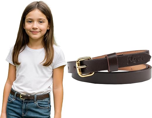 Flyer Girls Brown Leather Belt – Genuine Leather Kids Belt for Wear on Jeans, Dress, School &amp; Party – Adjustable Stylish f...