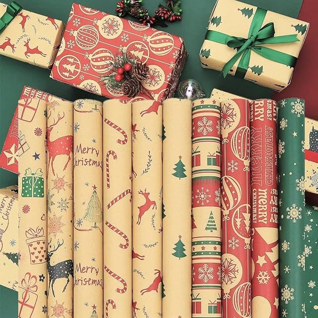 LATERN 20 Sheets Christmas Wrapping Paper, 70cm x 50cm Recycled Kraft Gift Wrap Papers Snowflake Elk Christmas Cane Xmas Tree Pattern Paper Sheets for Christmas DIY Gift Wrapping (10 Colors)