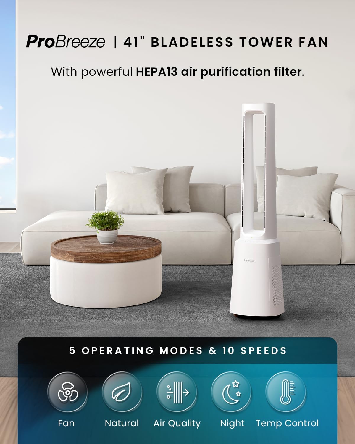 Pro Breeze OmniAir 41 inch Bladeless Tower Fan with 5 operating modes