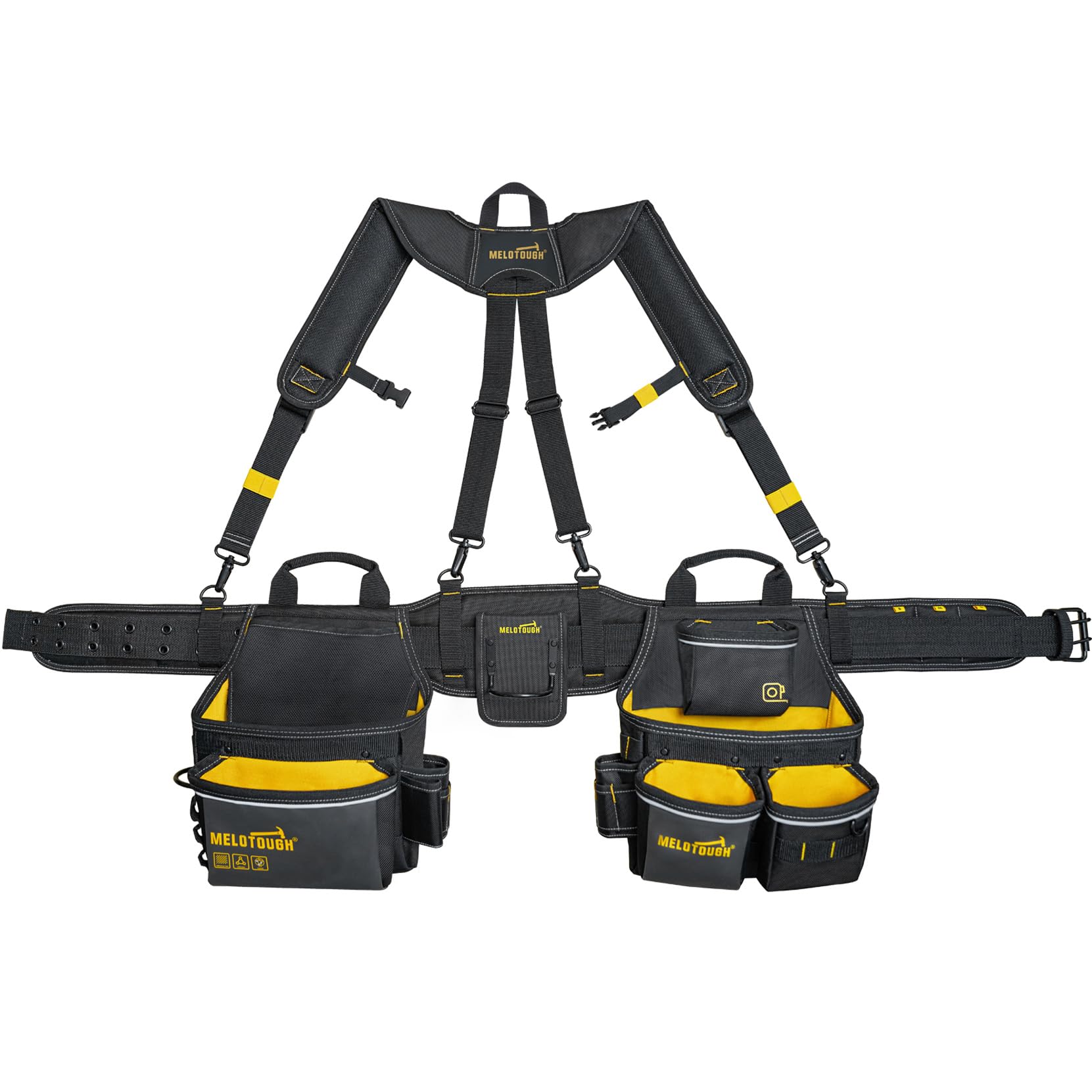 MELOTOUGH Ceinture à outils de charpentier avec bretelles, ceinture à outils professionnelle avec pochette à outils, bretelles avec 32 poches et boucles, convient pour tour de taille de 83,8 à 119,4