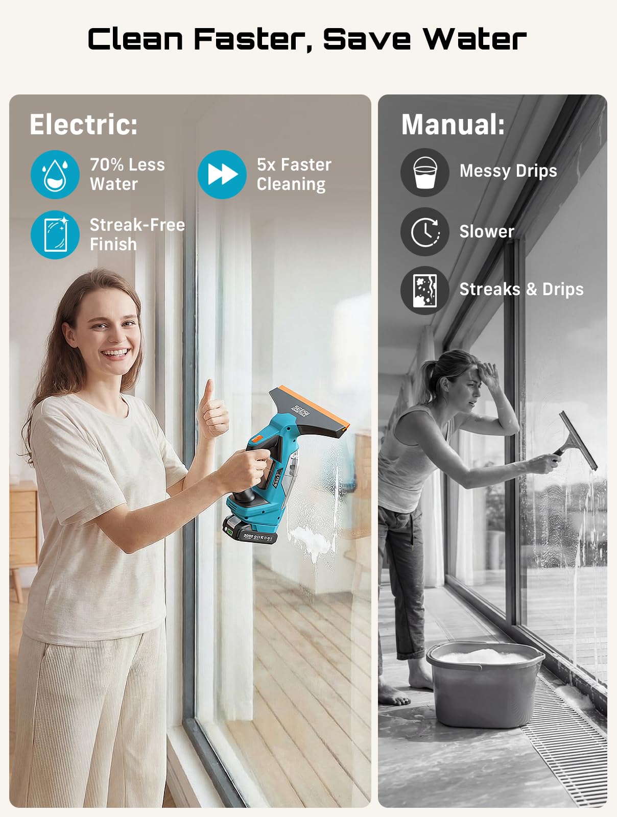 Seesii Nettoyeur de Vitres sans Fil, Autonomie 120 Min, 2 Buses d'Aspiration 28-17 cm, Aspirateur de fenêtre, Réservoir Amovible de 150 ML, Convient pour fenêtres, Carreaux et miroirs
