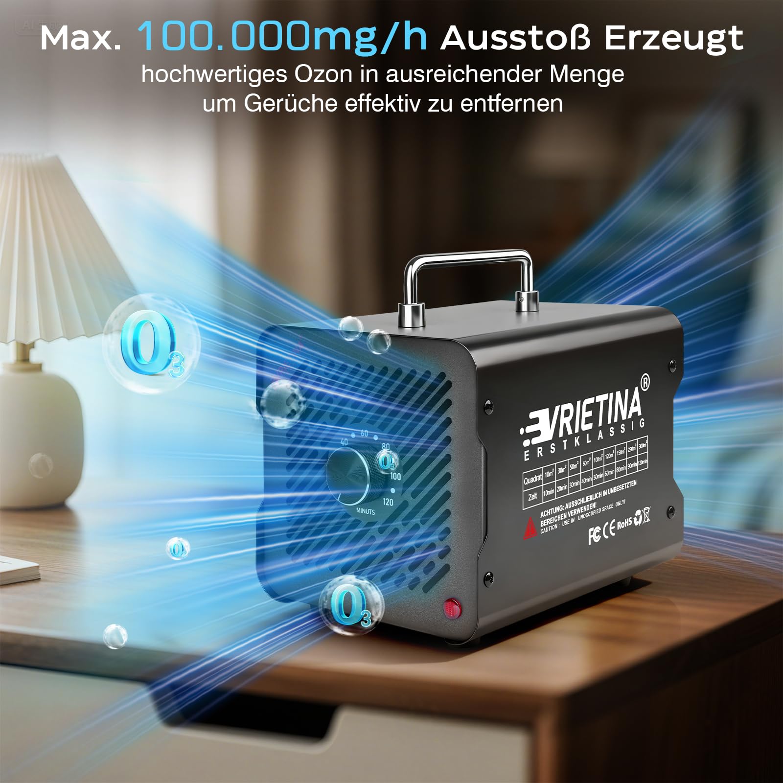 O3 Ozongenerator 100000mg/h, 120Min Timer, f. Auto Wohnung Haustier Küchen | bis 300㎡, 35dB, Industrieller Ozongerät Ozonisator Ozon Luftreiniger Geruchskiller Geruchsneutralisierer