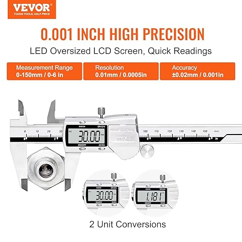 Miniatura 2 de VEVOR Calibrador digital, herramienta de medición de calibradores de 0 a 6 pulgadas, calibrador micrómetro electrónico con función cero oringinal