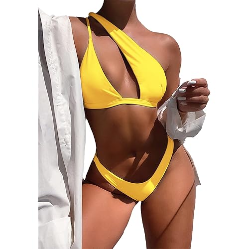 Lilosy Sexy Cutout One Shoulder Bikini High Cut Brazilian Bikini Swimsuit Set 2 Piece