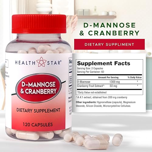 Miniatura 8 de Health Star Suplemento dietético D-manosa y arándano, 1300 mg  Limpieza UTI y apoyo de la vejiga para mujeres y hombres  Fórmula vegana, sin OMG