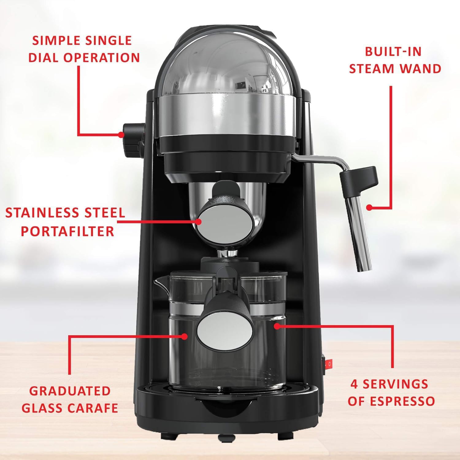 4 Cup Espresso and Cappuccino Maker with Steam Wand – Compact Coffee Machine with Milk Frother and Stainless Steel Filter, Black