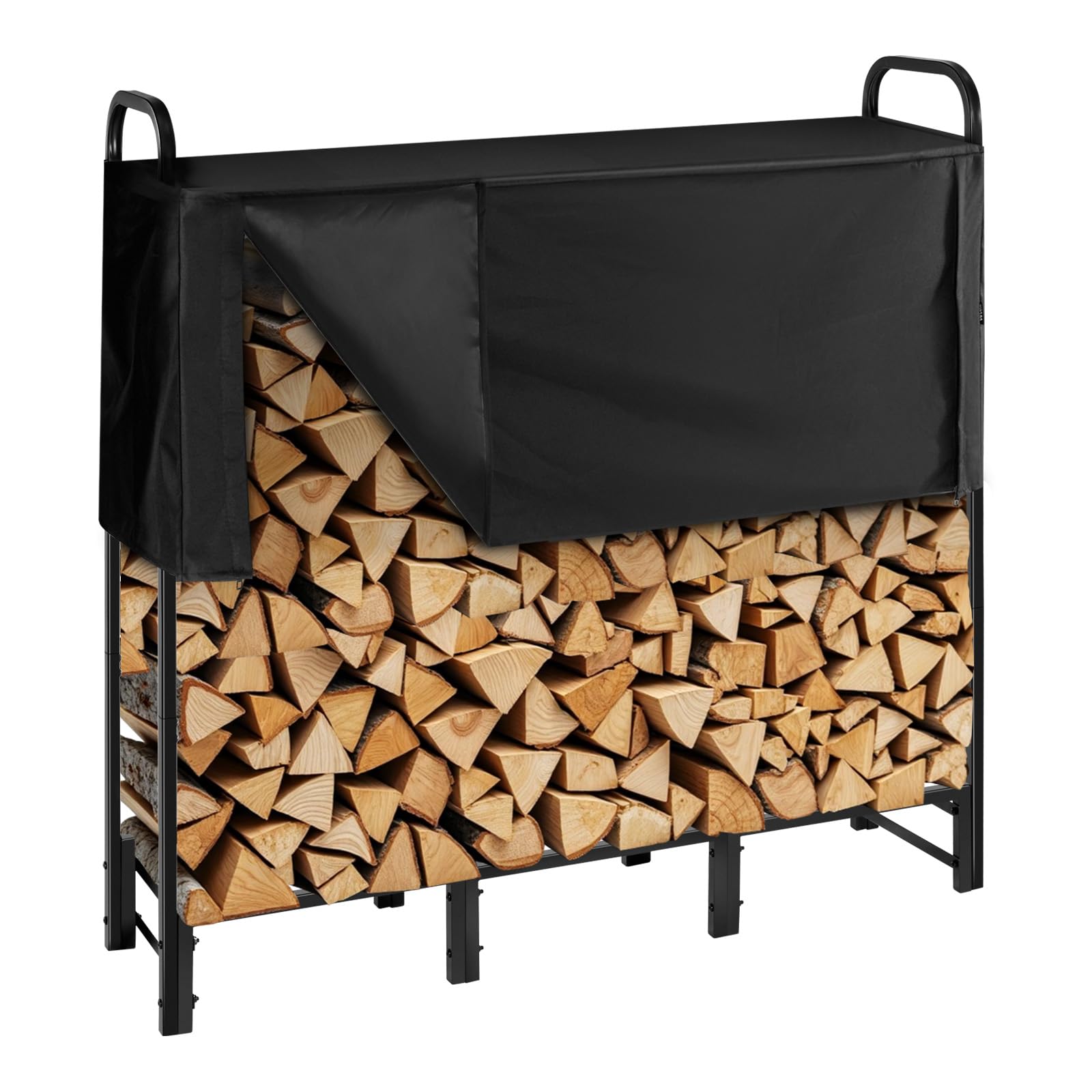 VEVOR Support à bois de chauffage avec housse imperméable, range-bûches extérieur en métal, 1220 x 320 x 1180 mm, charge maximale 181,4 kg, couverture partielle, thermolaqué, pour terrasse, vérandas