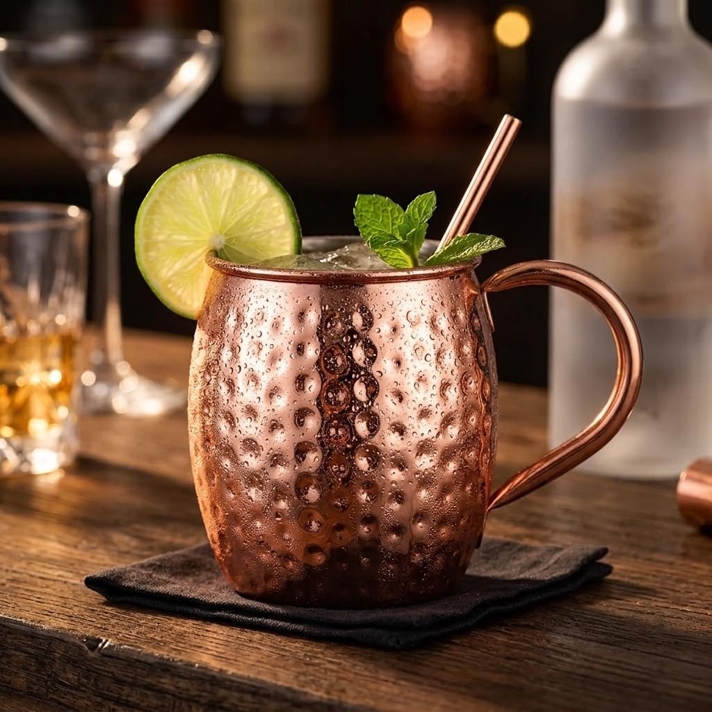 Moscow Mule Mugs, 18 OZ Hammered Copper Cups with 304 Stainless Steel Lining for Bars, Parties, Cold Drinks, Beer, and Wine