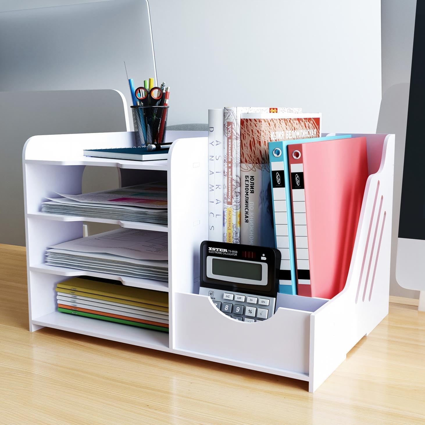 Natwind 4-Tier Office White Desktop Organizer A4 Paper File Rack with Vertical Horizontal File Holder All in One Supplies Storage Box Mail Sorter on Desk Tabletop Binder Folder Letter Trays Study Home