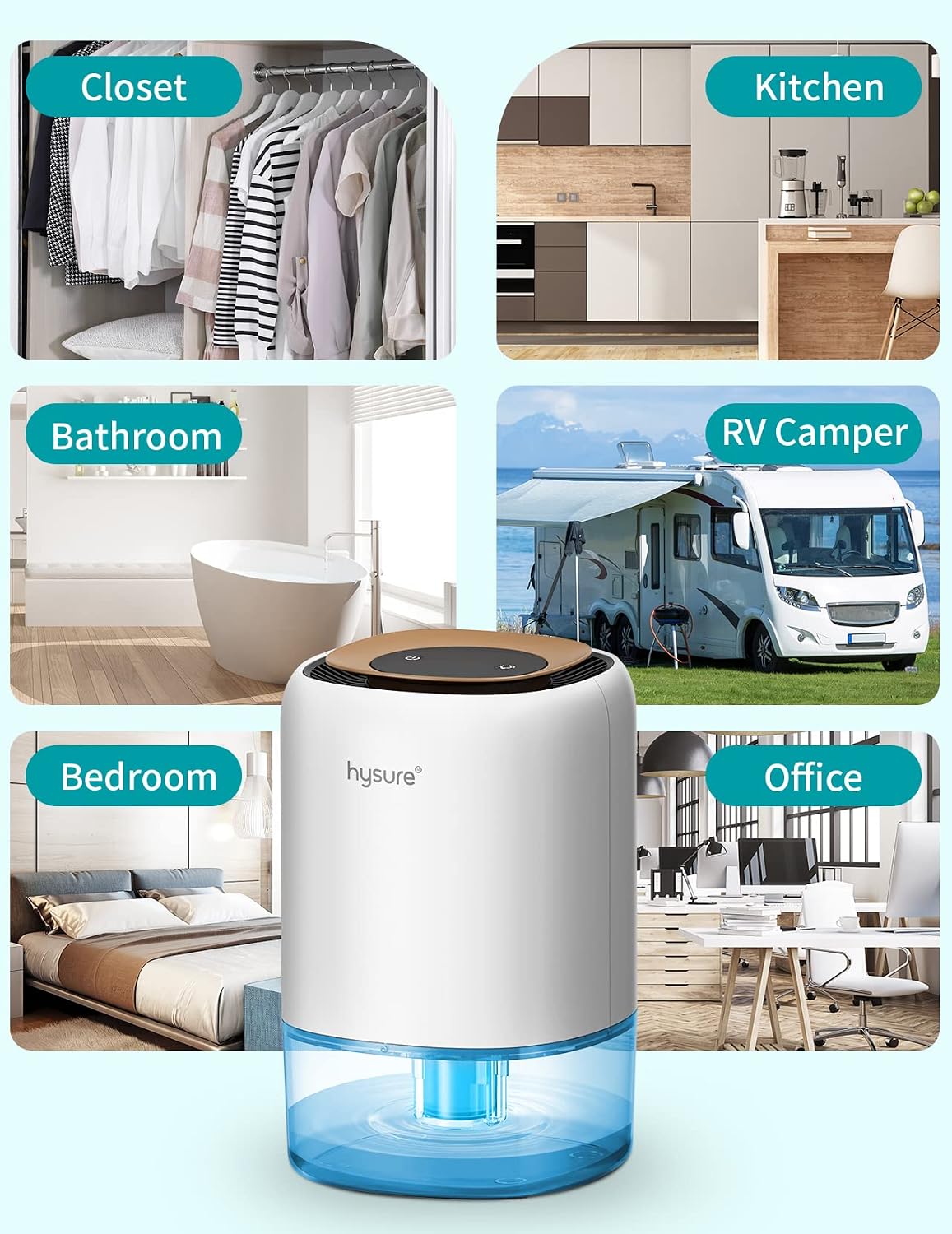Hysure 1400ml Dehumidifier shown in various small spaces like a closet, kitchen, bathroom, RV camper, bedroom, and office.