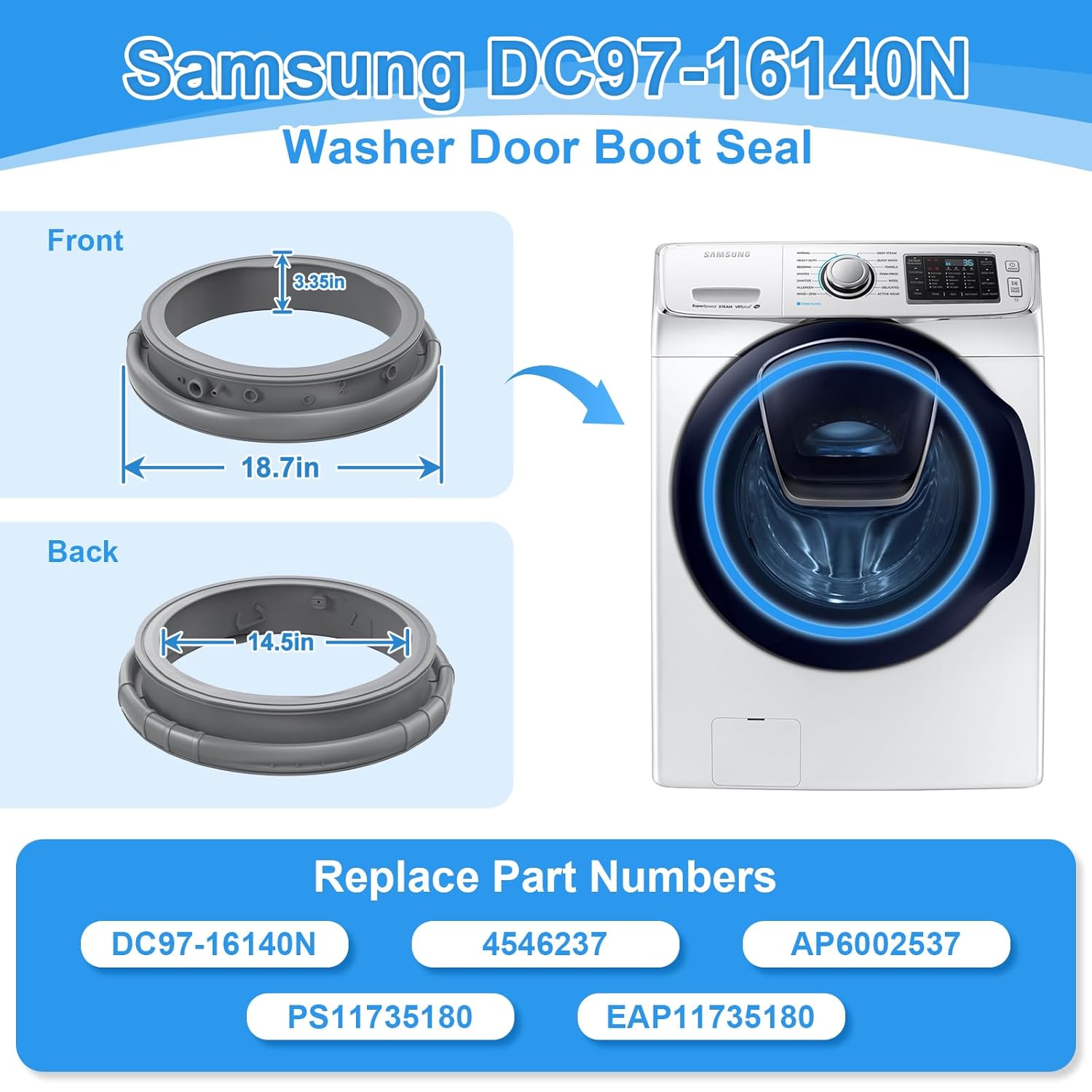 Upgraded DC97-16140N Washer Door Seal Compatible with Samsung Washer Seal Replacement Parts Washer Door Boot WF45K6500AV/A2 WF45K6500AV/A2 WF45K6500AW/A2 WF45K6500AW/A2 Door Seal Gasket