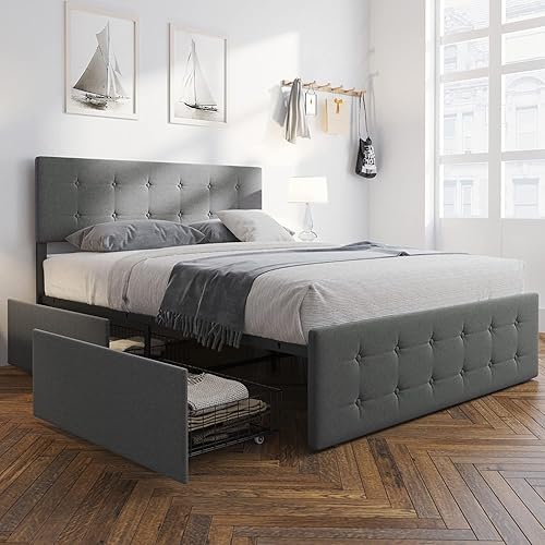 Miniatura 8 de GAOMON Base de cama de tamaño matrimonial con 4 cajones de almacenamiento y cabecero, base de colchón tapizada con plataforma completa, base de