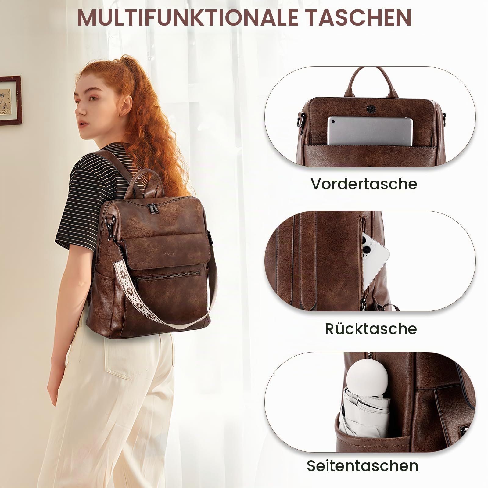 VASCHY Rucksack Damen, Large Vegan Leder Rucksack Set mit Geldbörse Convertible Handtasche für Frauen Arbeit Reisen