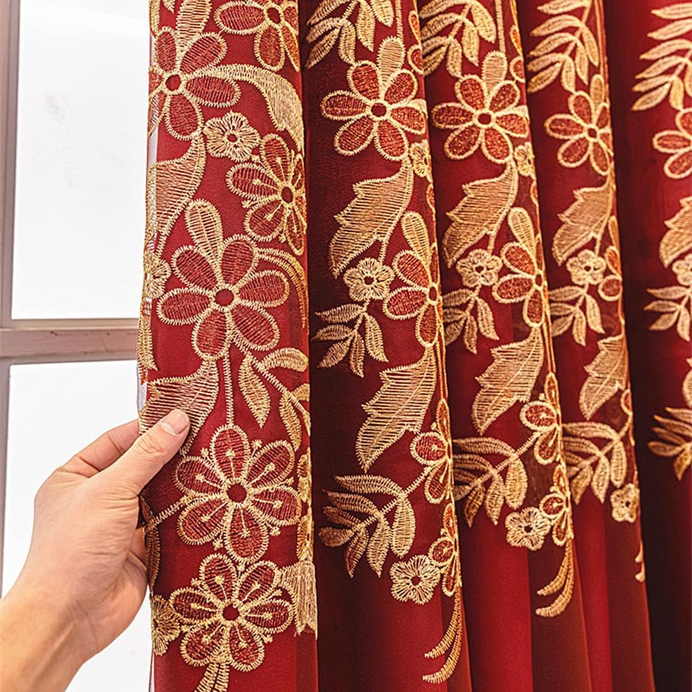 Amidoudou 1 Pair European Double Layer Curtains with Valance for Living Room Bedroom Red Luxury Embroidered Curtains (Red,51x84 Inch)