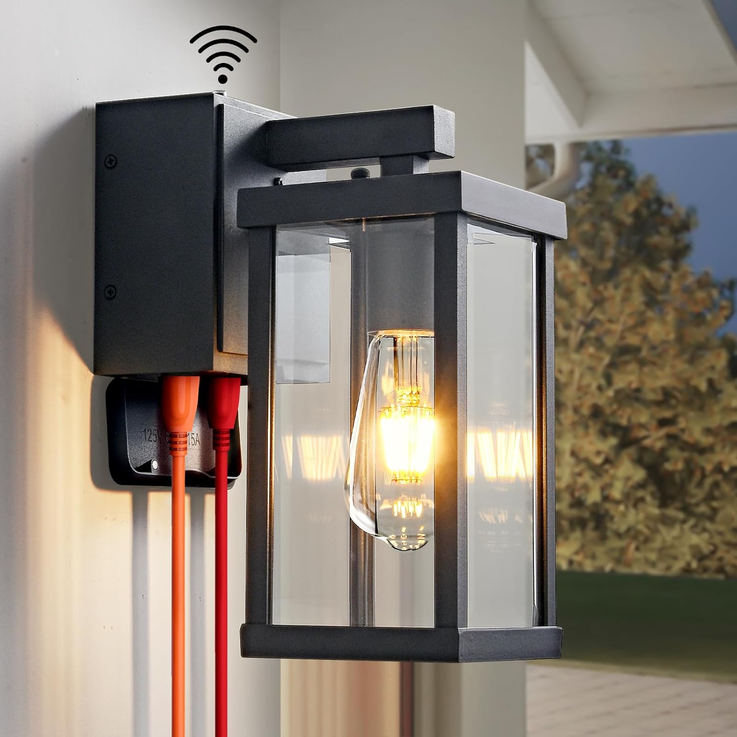 Dusk to Dawn Porch Lights with GFCI Outlets Waterproof Outdoor Wall Lights Exterior Lighting Fixtures Modern Outside Lights Wall Mount for House Patio Garage,Black,11.8''H,1PC 1 Pack Black NOT TESTED