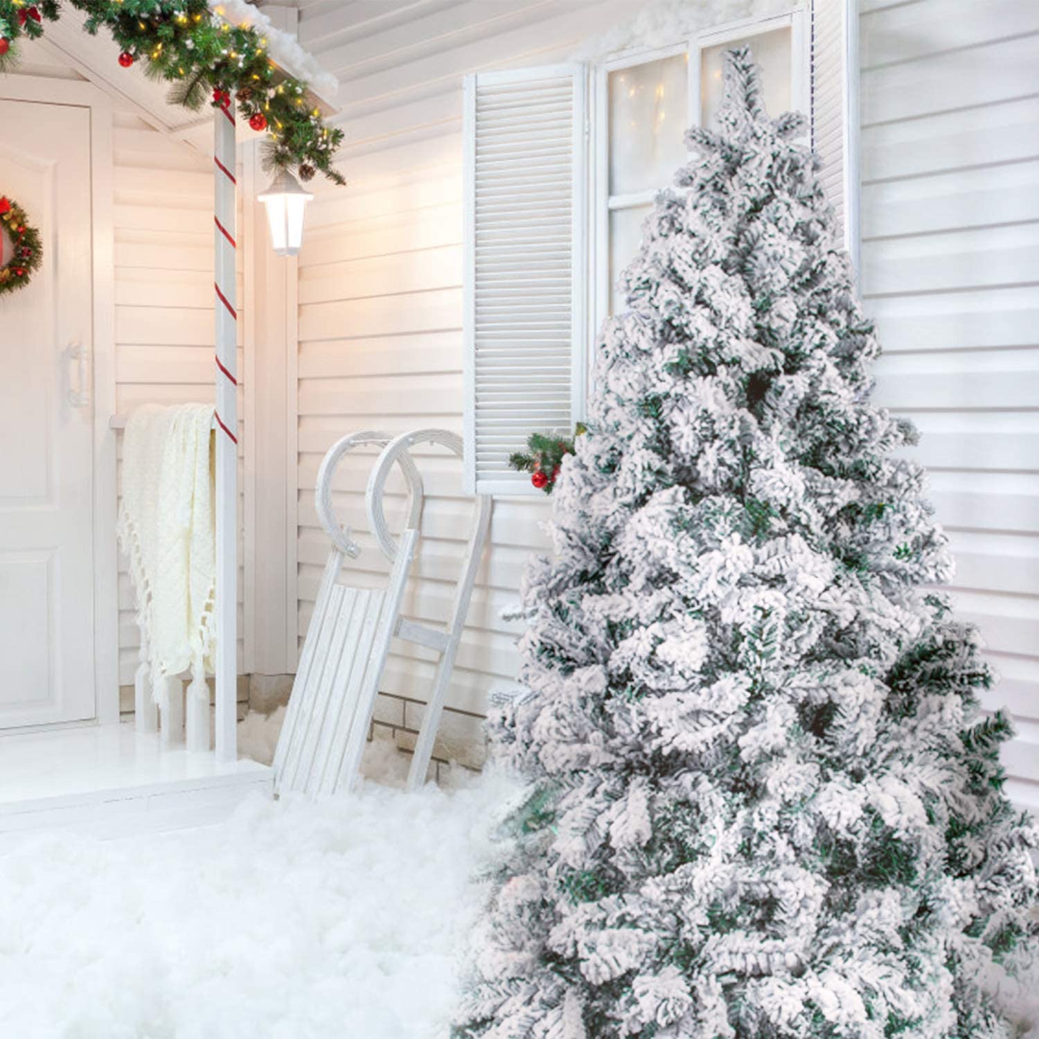 Sapin de Noël floqué Blanc et Vert de 1,8 m avec 700 Pointes et Pieds en métal Massif pour intérieur et extérieur 1,8 m