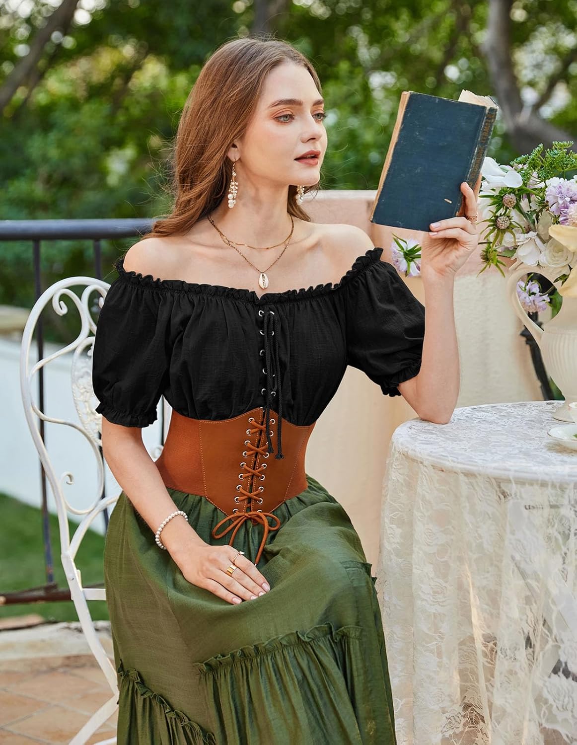 Scarlet Darkness Women Renaissance Off Shoulder Blouse Smocked Waist Pirate Shirt Peplum Tops - Image 8
