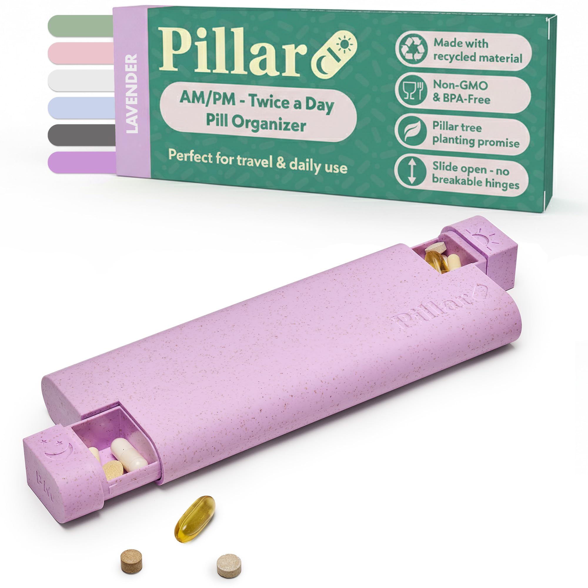 Pillar AM/PM Pill Organiser | Pill Box 7 Day 2 Times a Day | Easy to Open Premium Tablet Organiser Morning & Night - 14 Compartments | Travel Pill Box for Medicine, Supplements, Vitamins | Lavender