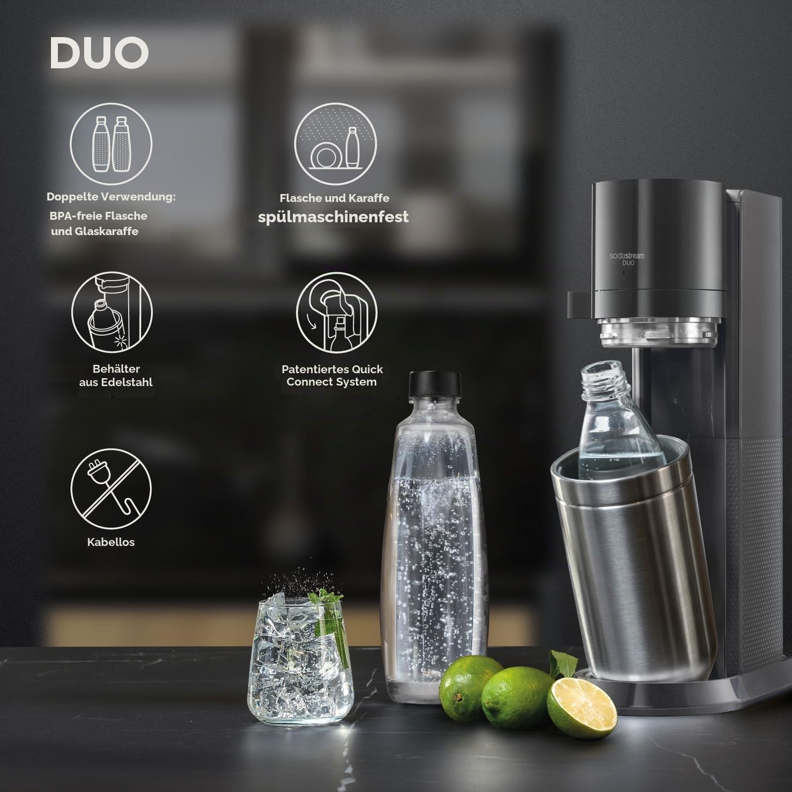 SodaStream Wassersprudler DUO Vorteilspack mit 1x Quick-Connect CO2-Zylinder, 2x 1L Glasflasche und 1x 1L spülmaschinenfeste Kunststoff-Flasche, Höhe: 44cm, Farbe: Titan