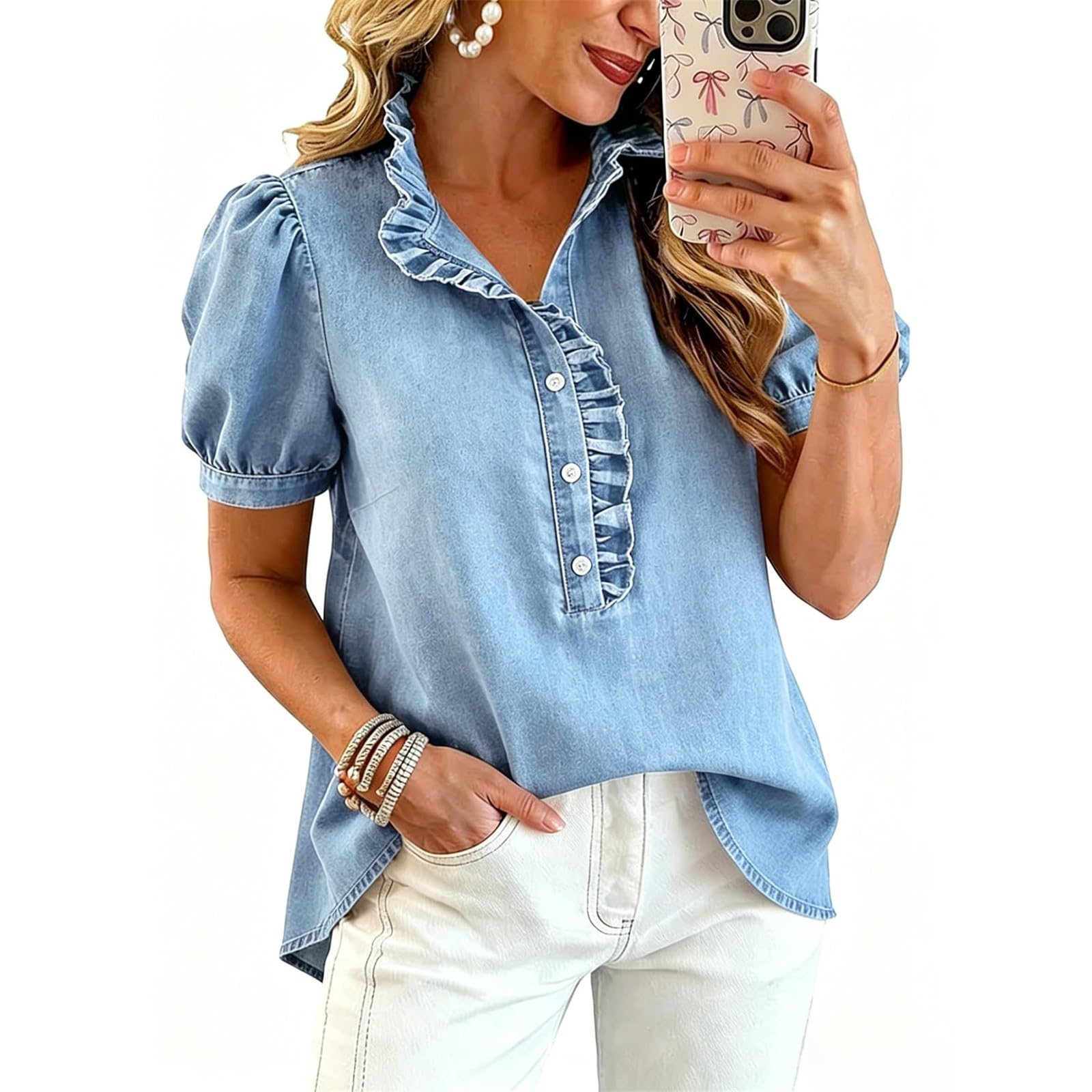 Camisa vaquera de verano para mujer, manga corta abombada, cuello alto, con botones, camisa de cambray, casual, ligera, ajuste regular, traje vaquero