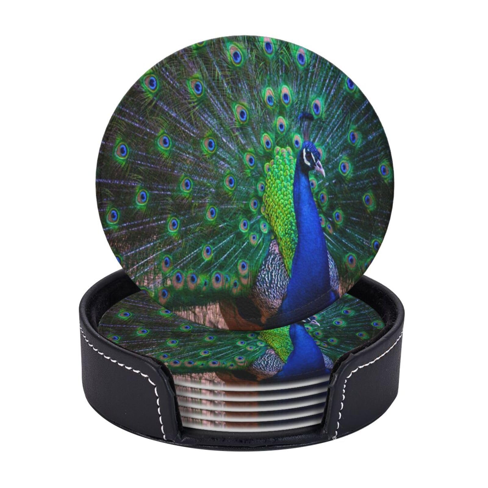 Augustrush Beautiful Peacock Round Pu Leather Coasters Set Of 6, Print Coaster With Storage Box, Heat-Resistant Non-Slip Drink Pads For Kitchen Desk Office Dining Table