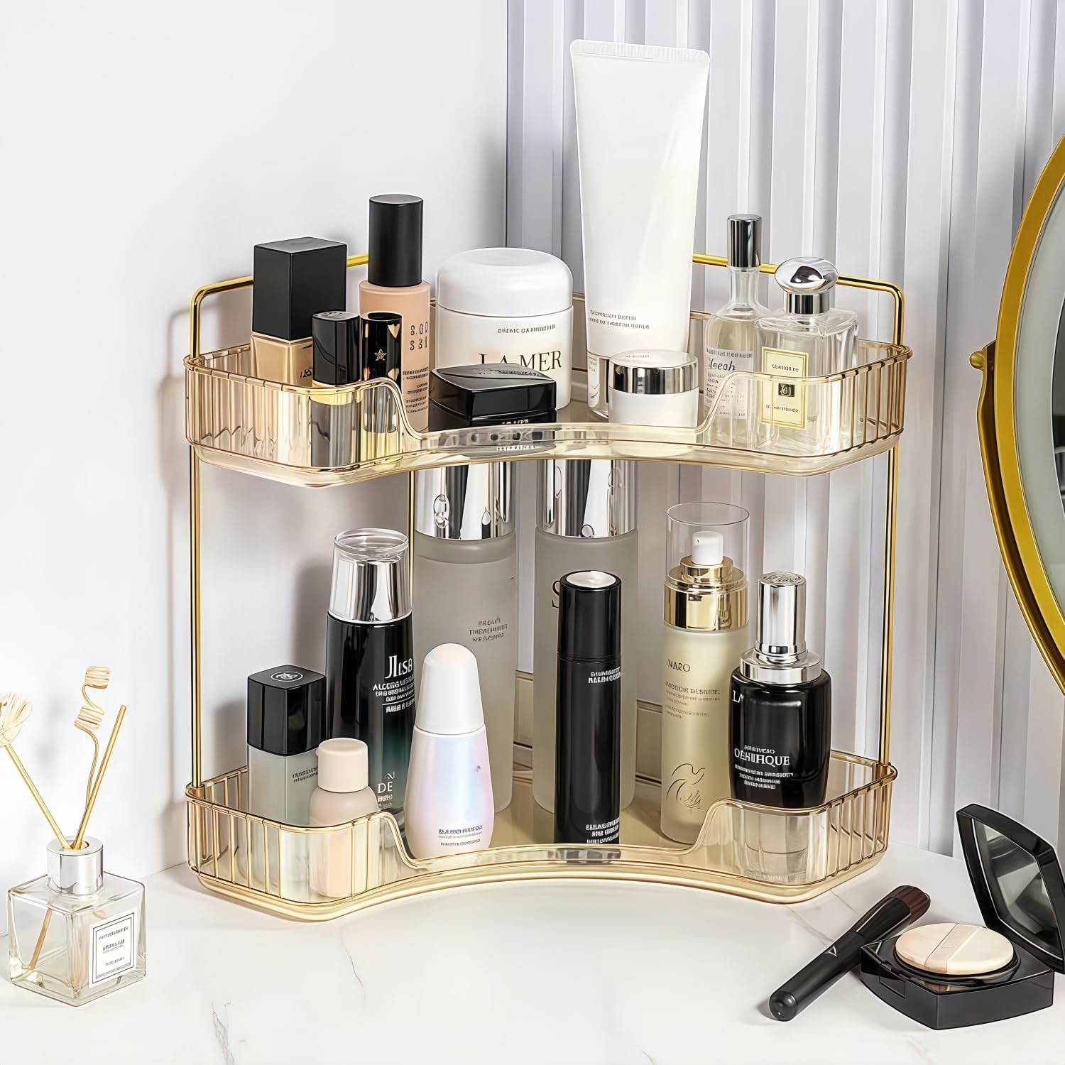 Makeup Organizer for Vanity 2-Tier Gold - Frame Acrylic Cosmetic Organizer - Ideal for Makeup and Skincare Storage