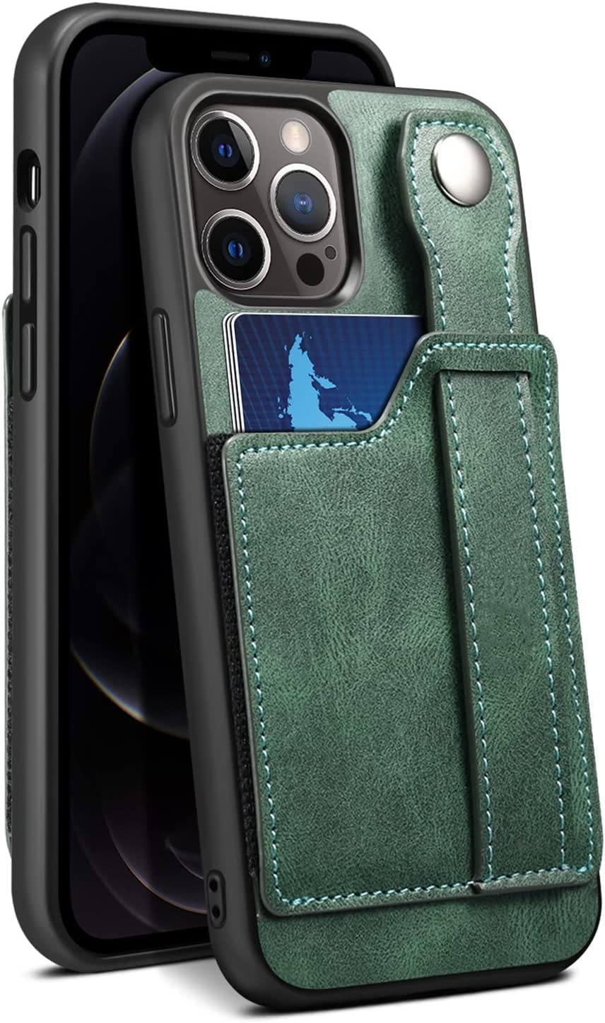 Étui portefeuille iPhone 11 avec béquille et dragonne pratique en simili cuir vert