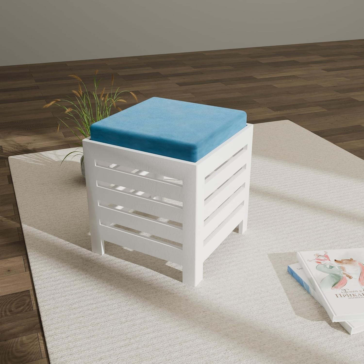 Incredible Hub Wooden Stool | Square Foot Stool | Cotton Cover (White-Blue) | 12" x 12" x 12" | Modern Classic Style | Polyester Cushion | Walnut Finish-image-18