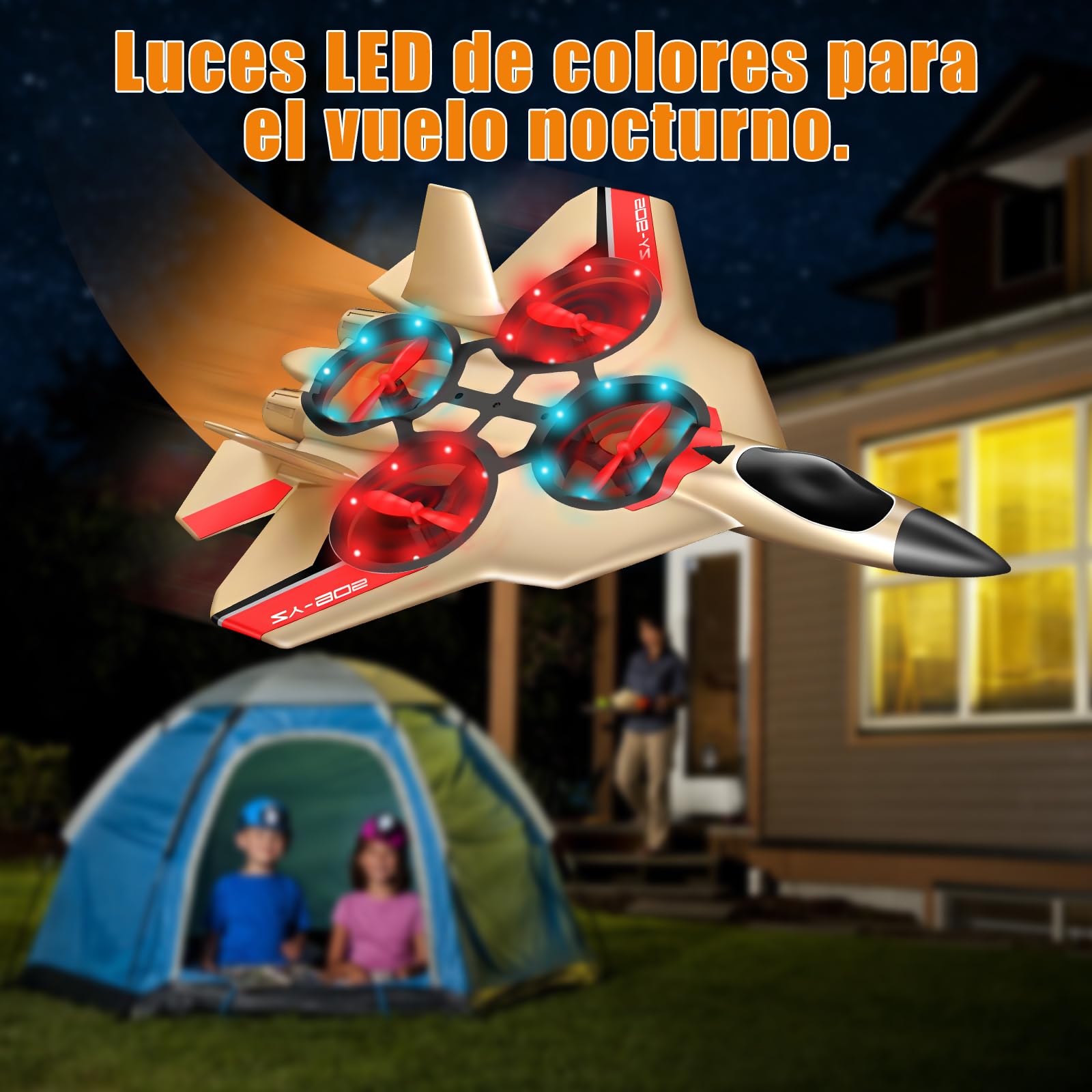 JONRRYIN Avión Teledirigido, 2.4 GHz Aviones de Radiocontrol con Baterías y Estabilizador de Giroscopio de 4 Ejes, Avión RC Juguete con Luz LED para Principiantes Niños Adultos (Gold)