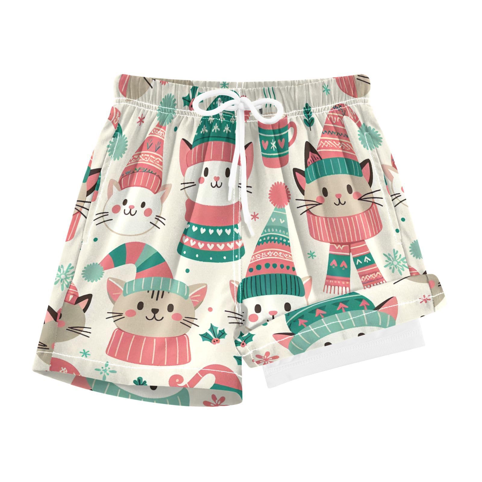 YANENDIE Boy Swim Trunks with Compression Liner Pastel Christmas Cats Boys Swim Shorts Quick Dry Beach Shorts