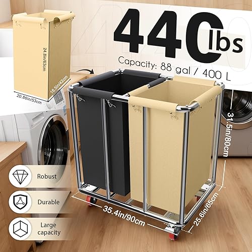 Miniatura 2 de Carrito de lavandería comercial con ruedas, cesta grande de 400 litros de 2 secciones con ruedas, carrito de lavandería rodante resistente con goma