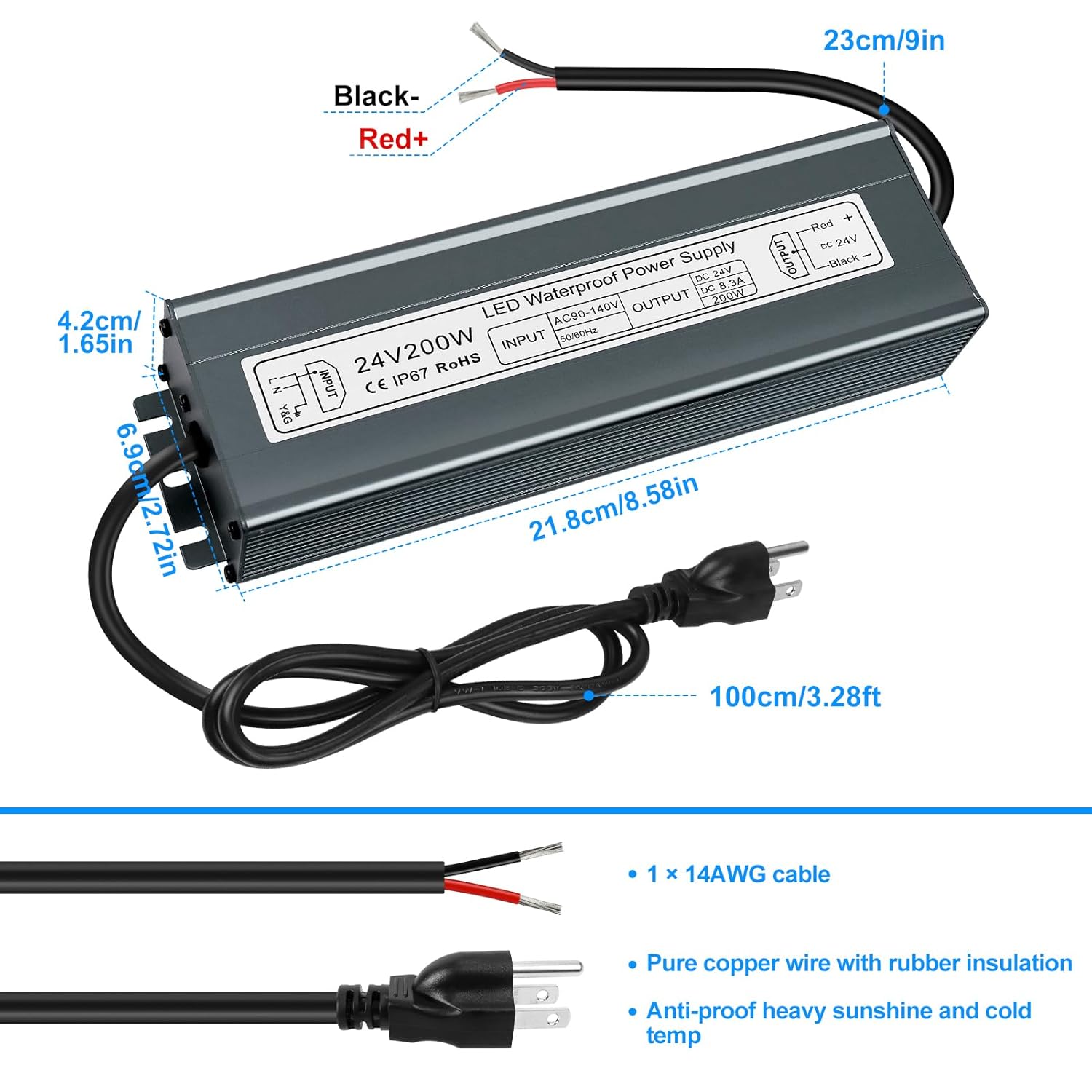 24V 200W LED Power Supply, IP67 Waterproof LED Driver Transformer, AC 90-130V to DC 24V 8.33A Converter with 3-Prong Plug 3.3 Ft Cable for Outdoor Landscape Lighting and CCTV Camera