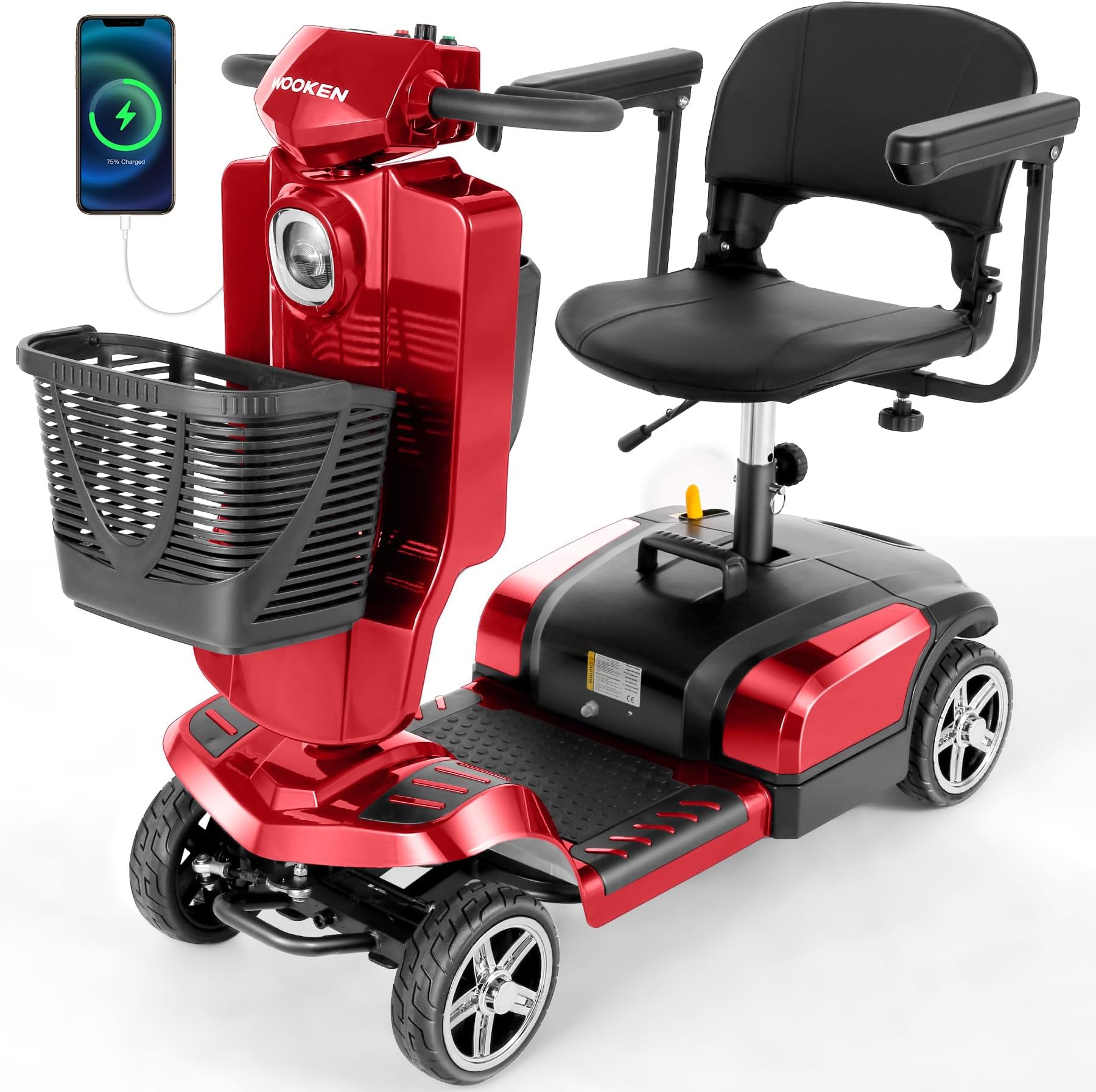 Wooken Mobility Scooter for Seniors, Adults, 4 Wheels Powered Mobility Scooter, 264 lbs All Terrain Foldable Powered Mobility Scooter,Compact Heavy Duty Mobility for Travel,12.1 Miles Range,Red